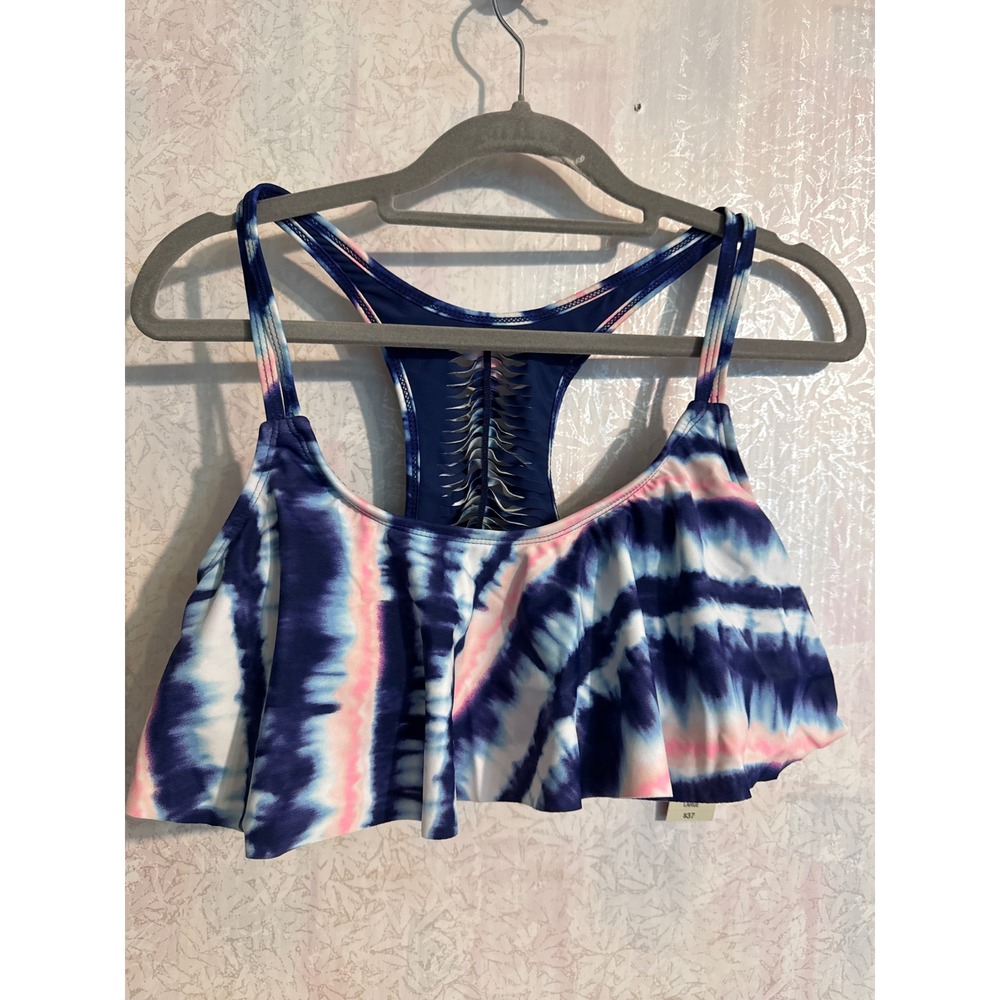 Arizona Jean Co Tie Dye Flounce Bikini Top Blue Pink Large AJ18001T NWT